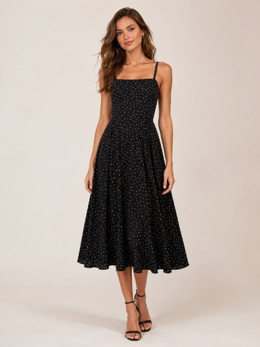 GAP Black White Polka Dot Cami Midi Dress M Rayon Smocked Back Adjustable Strap
